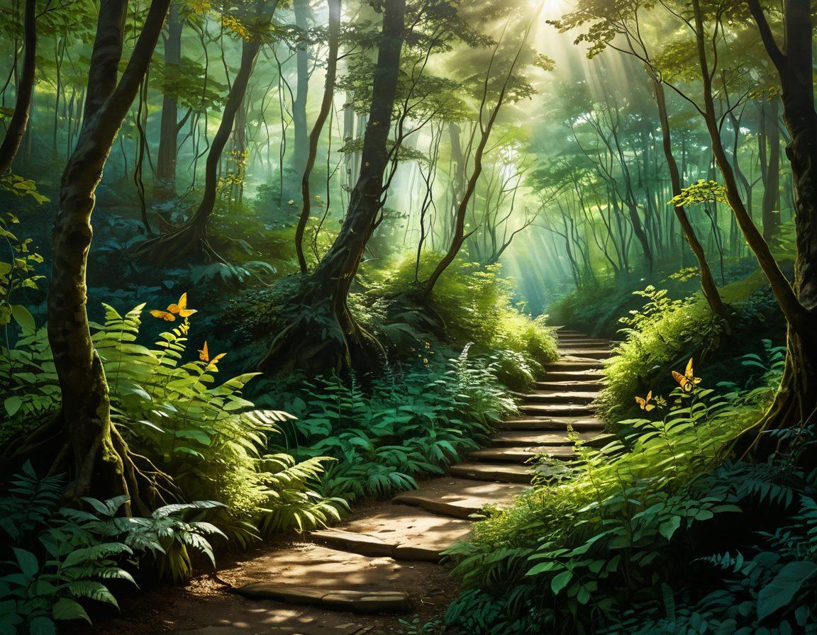 A thought-provoking landscape featuring a lush, winding path leading through a dense forest of mature themes represented by abstract shapes and silhouettes. Subtle hints of adult-oriented imagery are embedded within the foliage, creating an intriguing yet respectful atmosphere. The lighting is soft, with dappled sunlight filtering through the trees, evoking a sense of exploration and understanding. Include serene elements like butterflies and fairies to symbolize innocence contrasted with maturity. painting. vibrant colors. dreamlike.