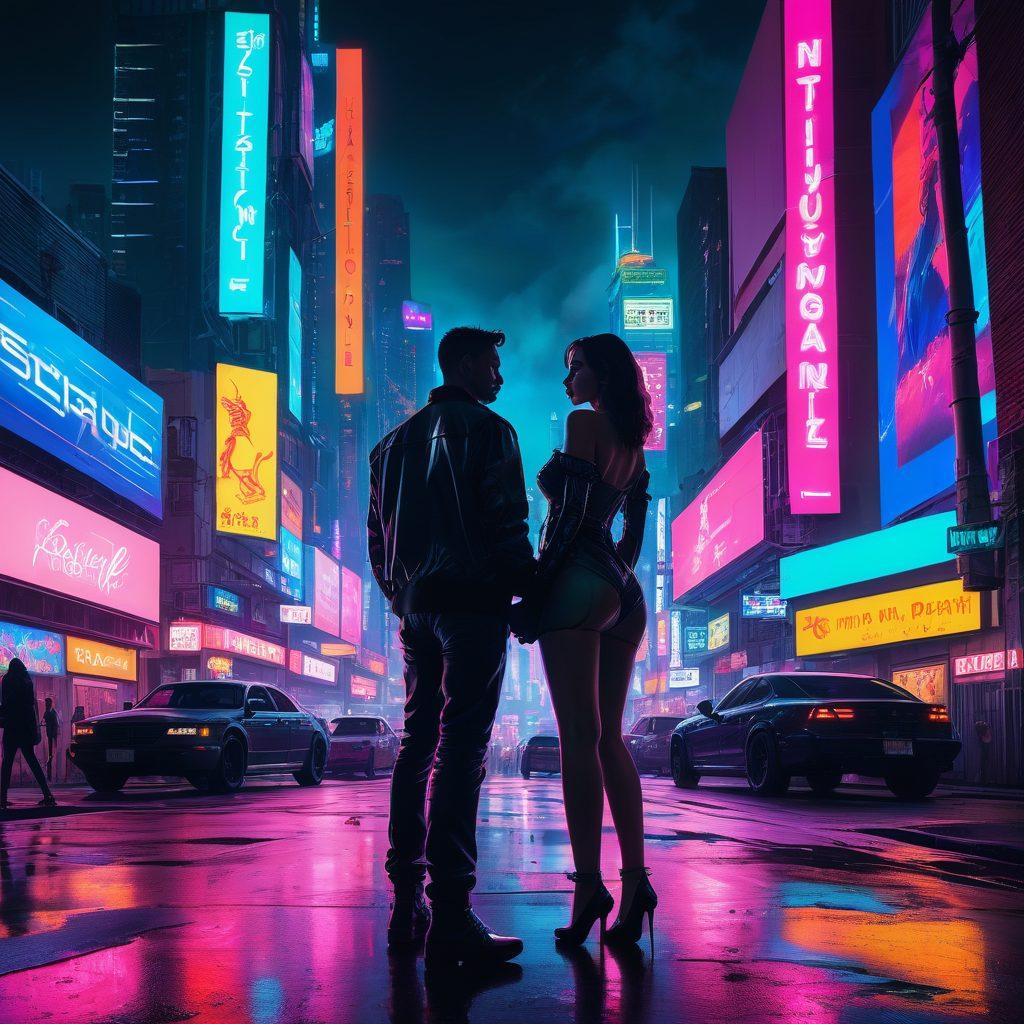 An artistic representation of a vibrant cityscape at night, featuring neon lights and billboards showcasing adult entertainment themes. Include silhouettes of diverse couples engaged in playful interactions, with a focus on sensuality and openness. The scene should convey an atmosphere of excitement and exploration. The color palette should be bold and colorful, embodying the dynamic nature of mature content. Cyberpunk style. Vibrant colors.